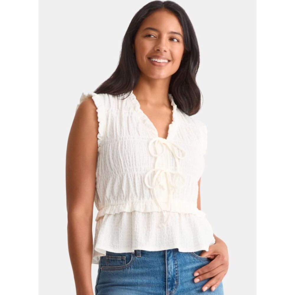 NEW NWT Ivory White Sz XXL (20) Textured Stretchy Sleeveless Tie Front Shirt